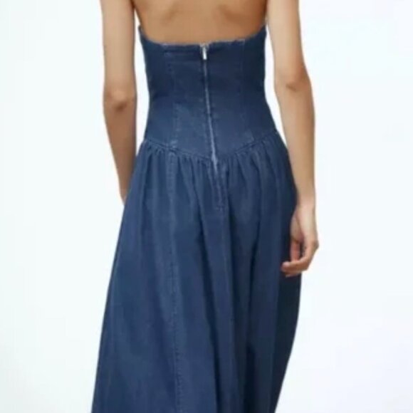 ZARA TRF STRAPLESS DENIM DROP WAIST MIDI DRESS - Picture 3 of 7